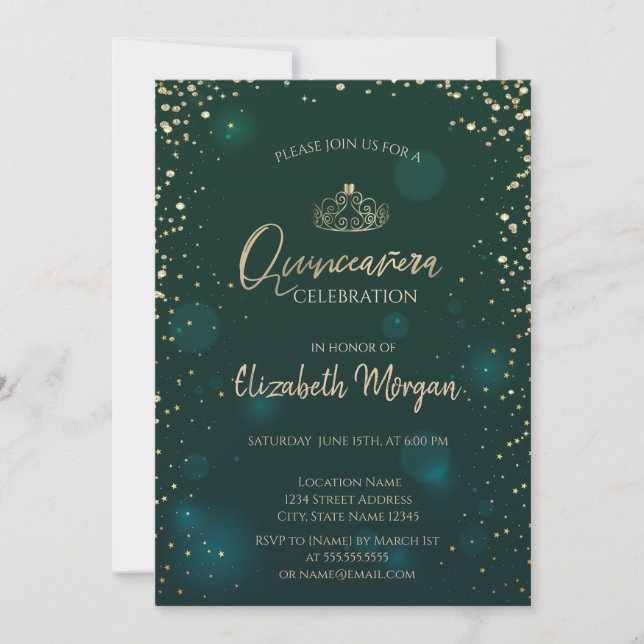 Chic Gold Tiara,Diamonds Green Quinceañera Invitation (Front)