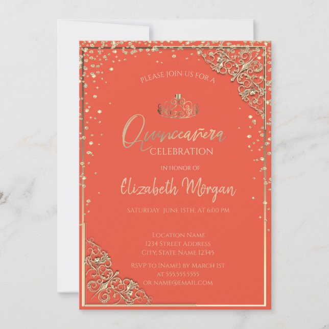 Chic Gold Tiara,Diamonds Orange Quinceañera Invitation (Front)