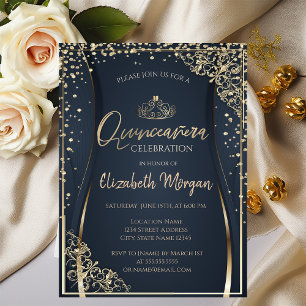 Chic Gold Tiara,Diamonds Quinceañera Invitation