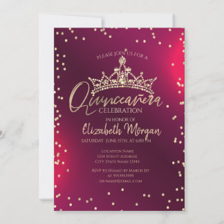 Chic Gold Tiara,Diamonds Red Quinceañera  Invitation
