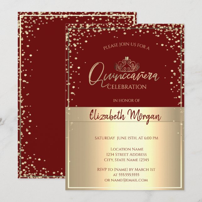Chic Gold Tiara,Diamonds Red Quinceañera  Invitation (Front/Back)