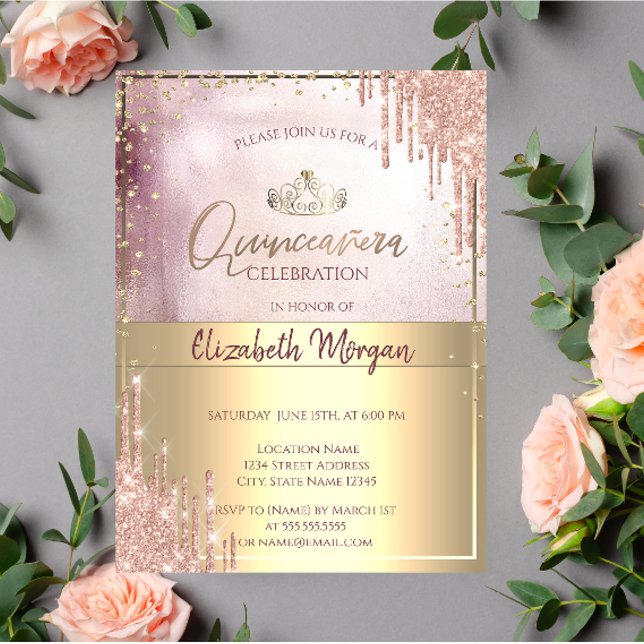 Chic Gold Tiara,Diamonds Rose Gold Glitter Drips Invitation (Creator Uploaded)