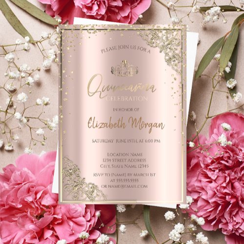 Chic Gold TiaraDiamonds Rose Gold Quinceaera  Invitation