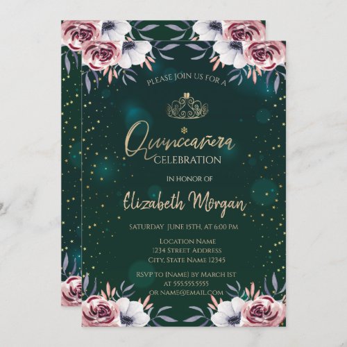 Chic Gold TiaraDiamondsRoses Green Quinceaera Invitation