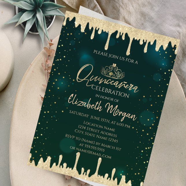 Chic Gold Tiara,Glitter Drips Green Quinceañera  Invitation (Creator Uploaded)