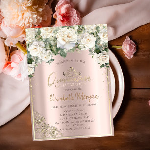Chic Gold Tiara,White Roses Diamonds Quinceañera Invitation