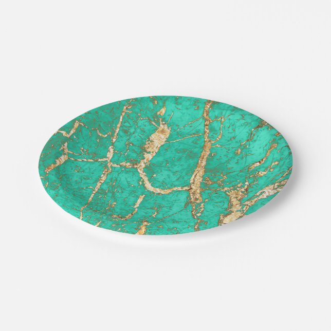 Chic Gold Turquoise Marble Pattern Paper Plates (Angled)