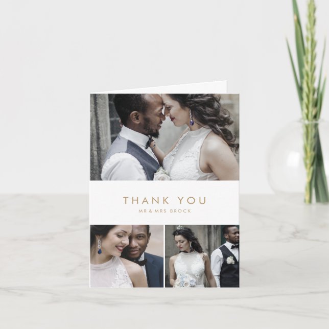Chic Gold Typography 3 Photo Collage Thank You Card (Front)