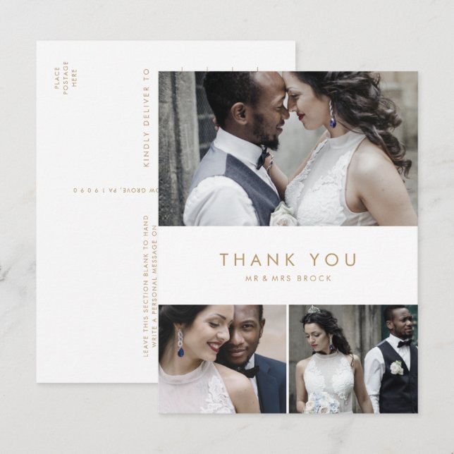 Chic Gold Typography 3 Photo Collage Thank You Postcard (Front/Back)