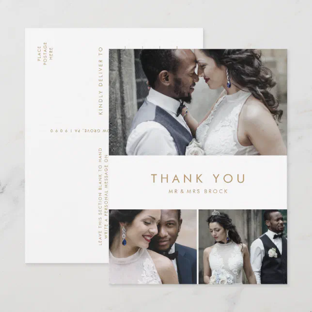 Chic Gold Typography 3 Photo Collage Thank You Postcard | Zazzle