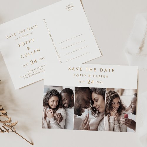 Chic Gold Typography 3 Photo Save the Date Invitation Postcard