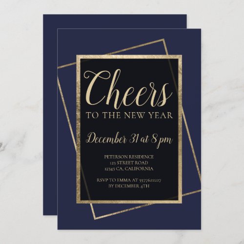 Chic gold typography cheers to the New Year navy Invitation