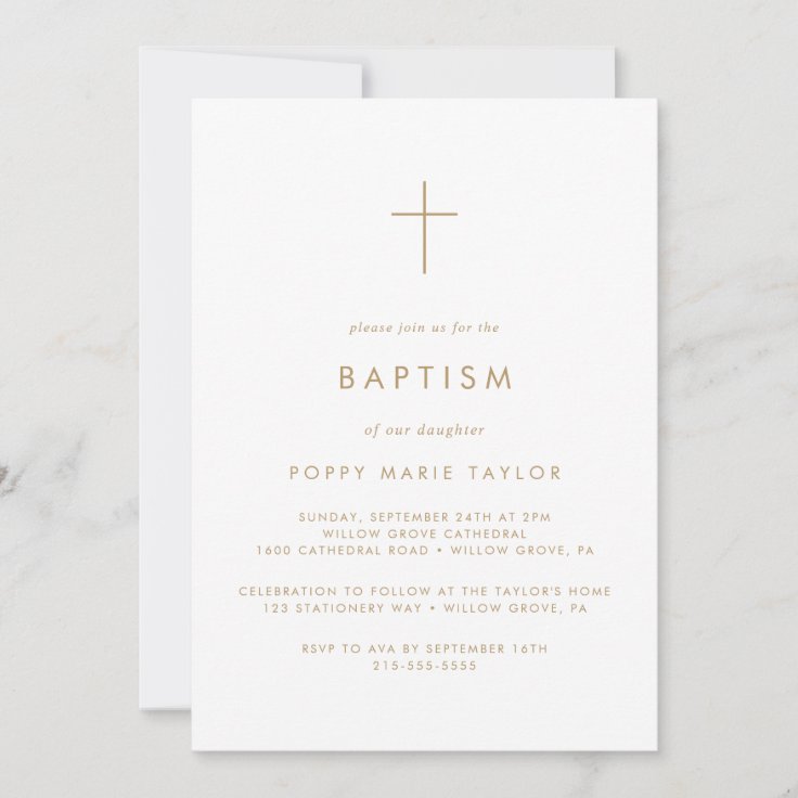 Chic Gold Typography Cross Baptism Invitation | Zazzle