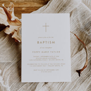 Chic Gold Typography Cross Baptism Invitation