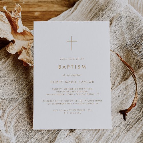 Chic Gold Typography Cross Baptism Invitation