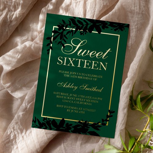 Chic gold typography Floral green leaf Sweet 16 Foil Invitation