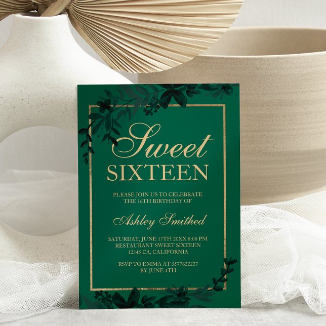 Chic gold typography Floral green leaf Sweet 16 Invitation (Creator Uploaded)