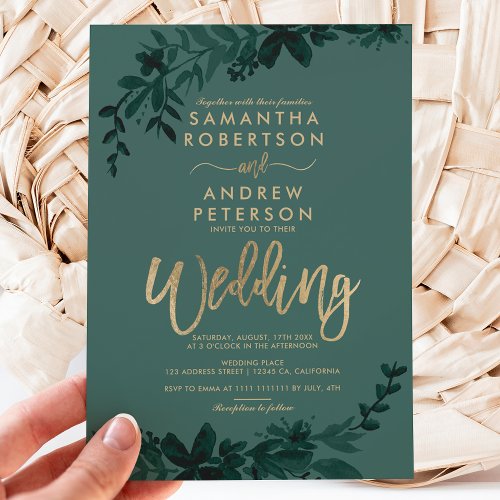 Chic gold typography Floral green wedding Invitation