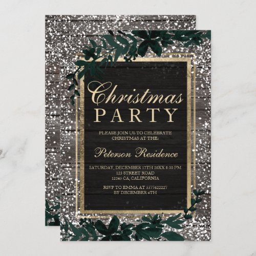 Chic gold typography leaf snow wood Christmas Invitation