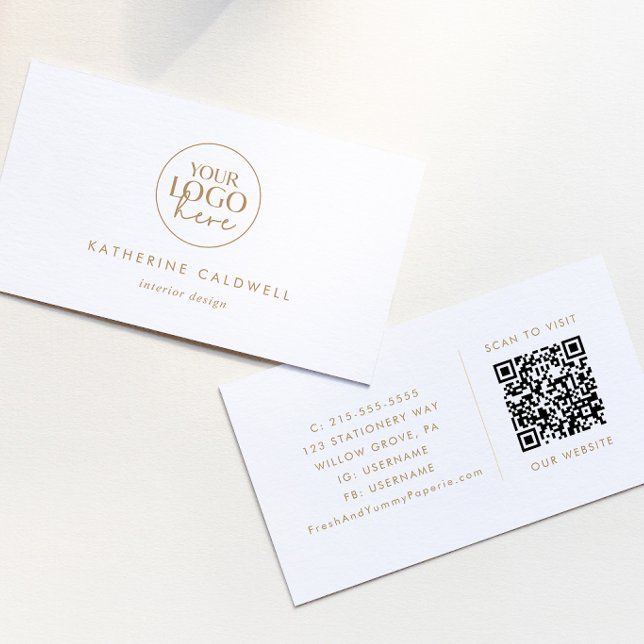 Chic Gold Typography Logo and QR Code Business Card (Creator Uploaded)