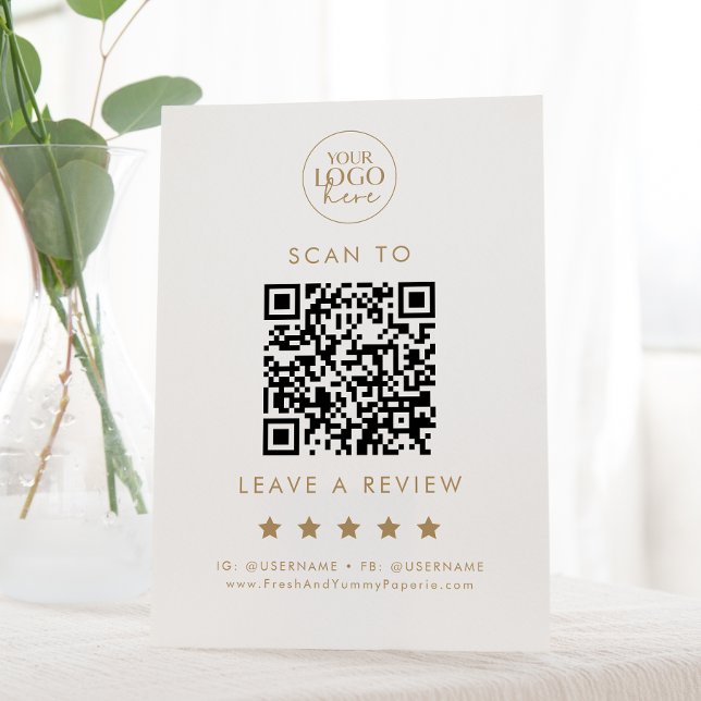 Chic Gold Typography Logo QR Code Leave A Review Pedestal Sign (Creator Uploaded)