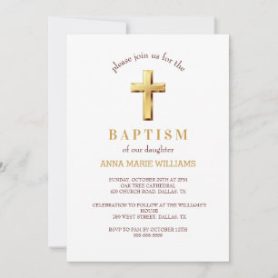 Chic Gold Typography Minimalist Cross Baptism  Invitation