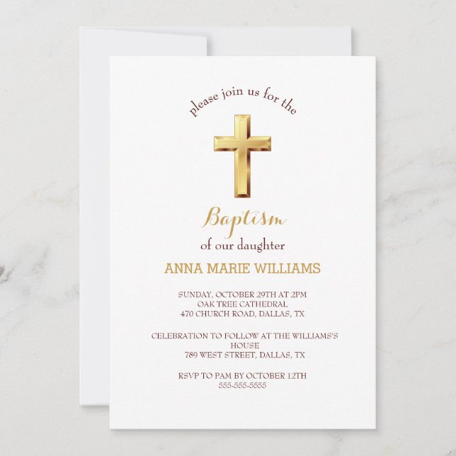 Chic Gold Typography Minimalist Cross Baptism  Invitation (Front)