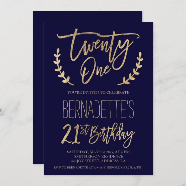 Chic gold typography navy blue 21st Birthday Invitation (Front/Back)