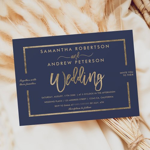 Chic gold typography navy blue chic wedding invitation