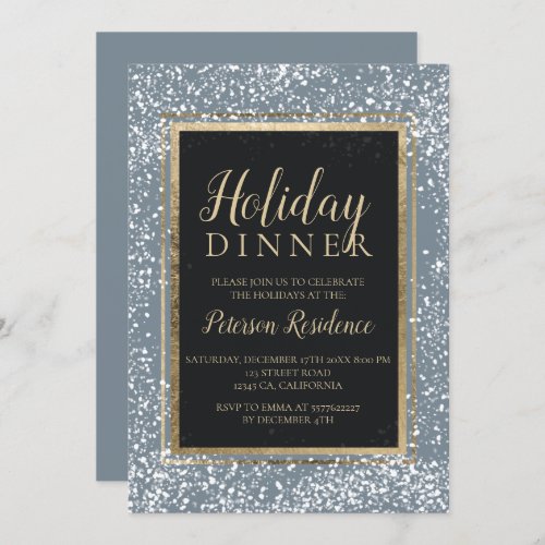 Chic gold typography snow holiday party blue invitation