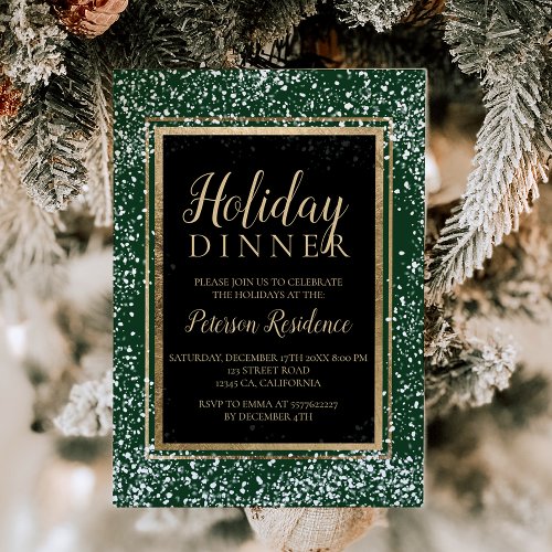Chic gold typography snow holiday party green invitation