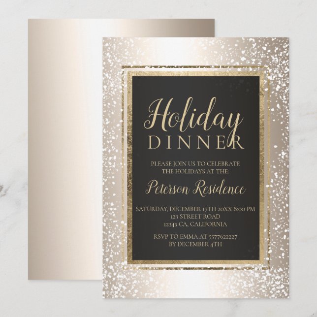 Chic gold typography snow holiday party metallic invitation (Front/Back)