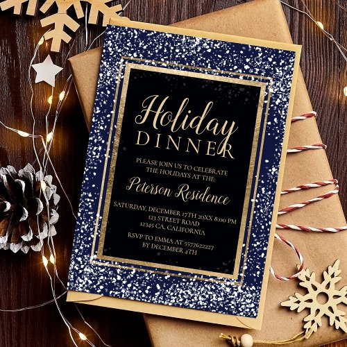 Chic gold typography snow holiday party navy invitation