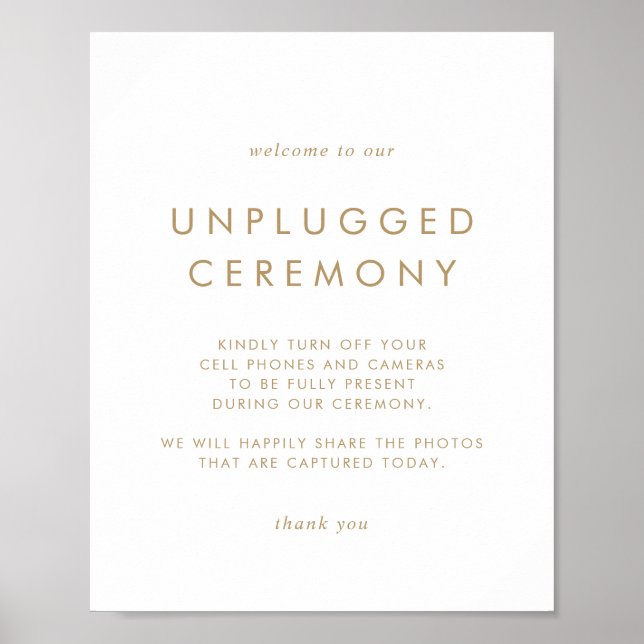 Chic Gold Typography Unplugged Ceremony Sign (Front)