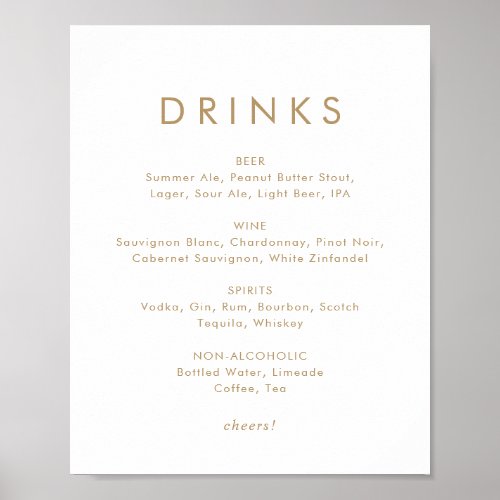 Chic Gold Typography Wedding Drinks Menu Sign