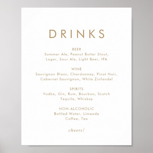 Chic Gold Typography Wedding Drinks Menu Sign (Front)