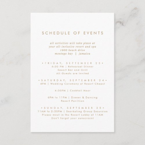 Chic Gold Typography Wedding Schedule of Events Enclosure Card