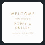 Chic Gold Typography Wedding Welcome Square Sticker<br><div class="desc">These chic gold typography wedding welcome stickers are perfect for a modern wedding. The simple design features classic minimalist gold and white typography with a rustic boho feel. Customizable in any color. Keep the design minimal and elegant, as is, or personalize it by adding your own graphics and artwork. Personalize...</div>
