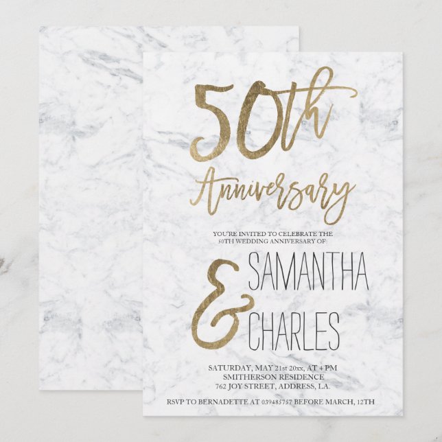 Chic Gold typography white marble 50th anniversary Invitation (Front/Back)