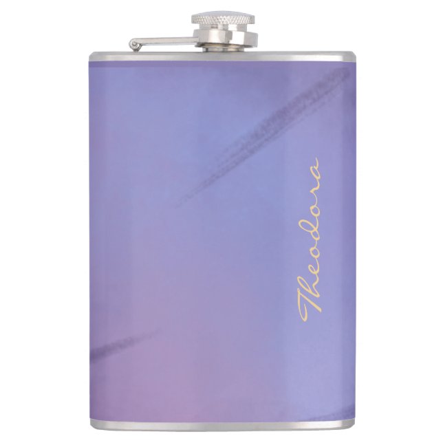Chic Gold Violet Abstract Floral Flask (Front)