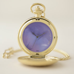 Chic Gold Violet Abstract Floral Pocket Watch