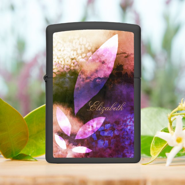 Chic Gold Violet Rose Leaves Abstract Monogram Zippo Lighter (On Table)