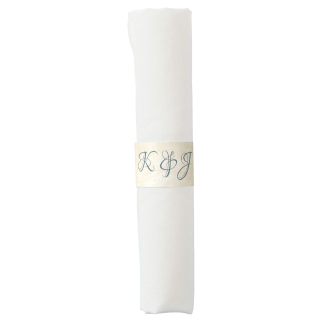 Chic Gold w/ Blue Monogram Initials Wedding Napkin Bands (Front)