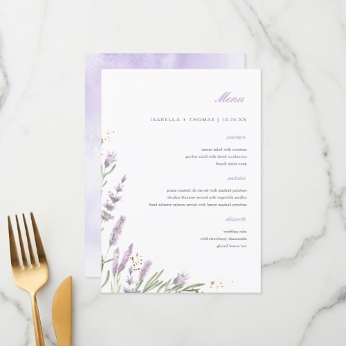 Chic Gold  Watercolor Lavender Floral Wedding Menu