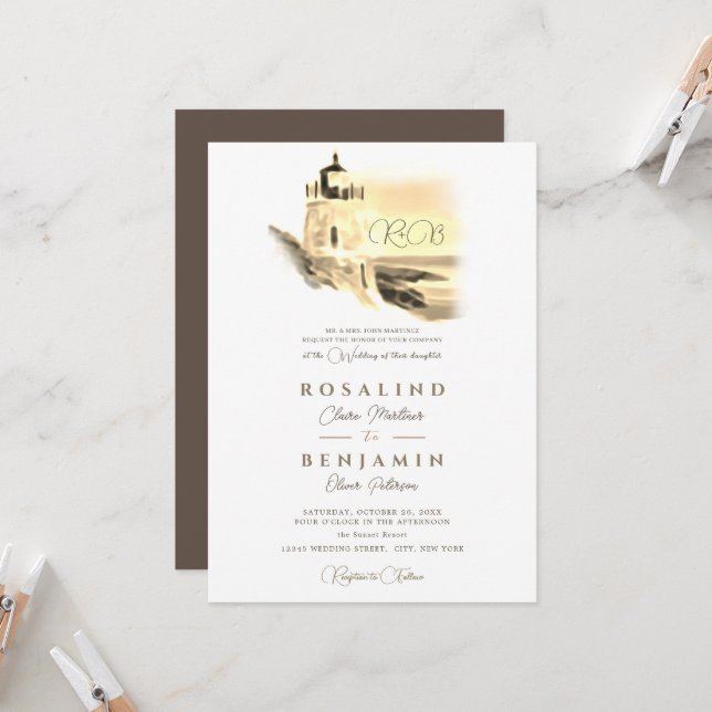 Chic Gold Watercolor Lighthouse Landscape Wedding Invitation (Front/Back In Situ)