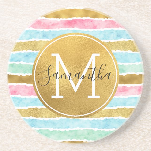 Chic Gold Watercolor Stripes Monogram Sandstone Coaster (Front)