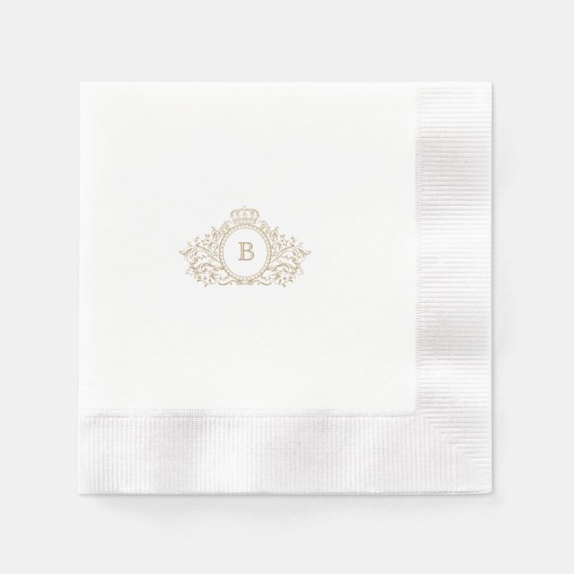 Chic Gold & White Crest Monogram Wedding Napkin (Front)