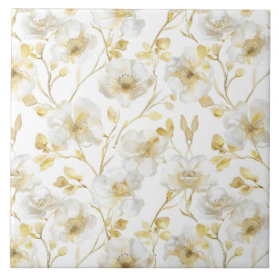 Chic Gold White Flowers Bridal Shower Ceramic Tile