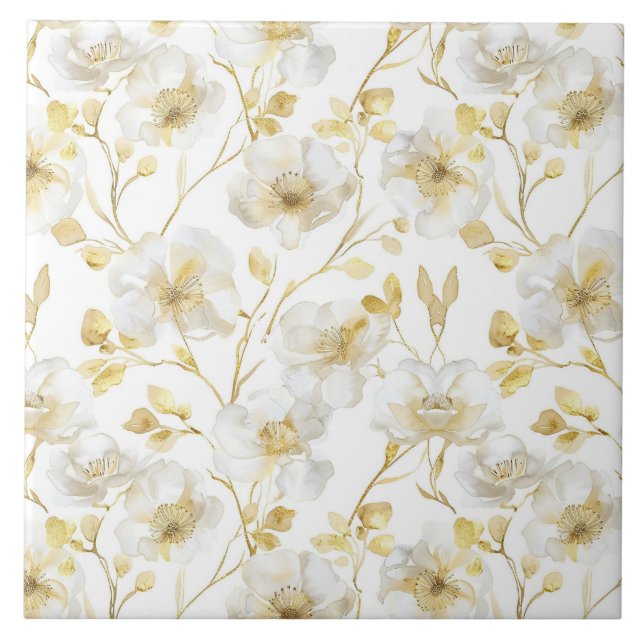 Chic Gold White Flowers Bridal Shower Ceramic Tile (Front)