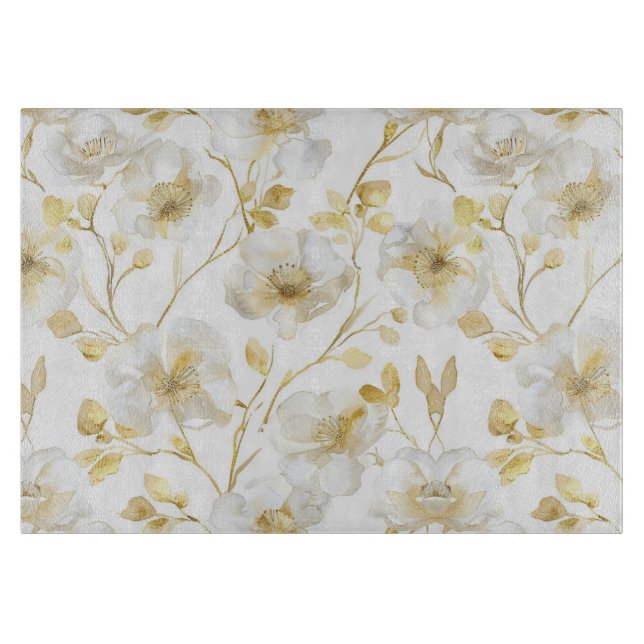 Chic Gold White Flowers Bridal Shower Cutting Board (Front)